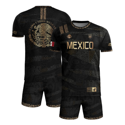 Mexico Black Gold Aztec Heritage Soccer Jersey with Eagle Crest Design